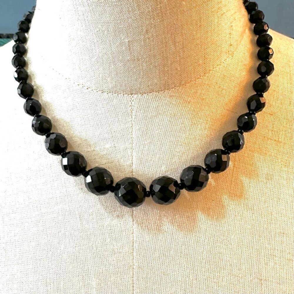 black faceted obsidian beaded vintage necklace